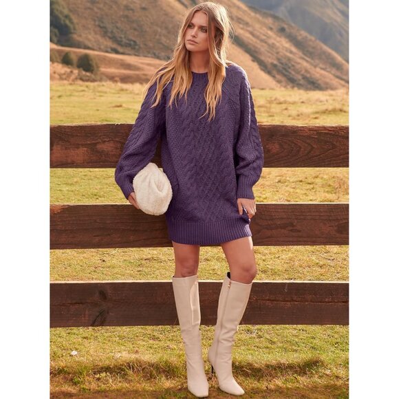 Women Oversized Cable Knit Sweater Purple Chunky Long Sleeve Fall Winter Outfit - Picture 4 of 7